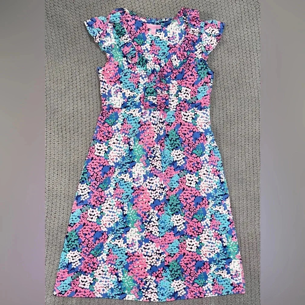 Lilly Pulitzer Womens Floral Dress Size Small Pink Blue Ruffle Short Sleeve Silk